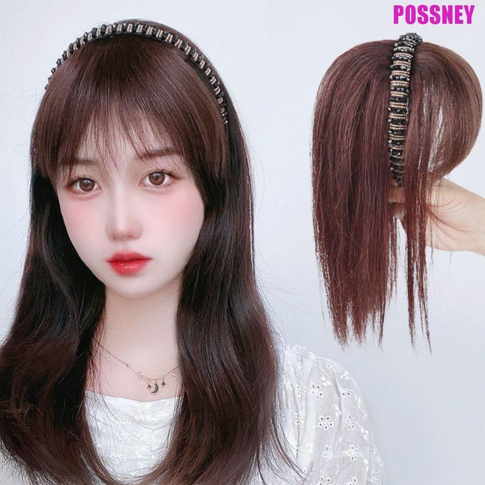 Possney Hair Hoop Bangs สีน ้ ําตาลปลอมเปลี ่ ยนอุปกรณ ์ เสริมผมความร ้ อนทนไฟเบอร ์ คลิปในต ่ อผมสีขาวสุภาพสตรีตรง Hairpiece