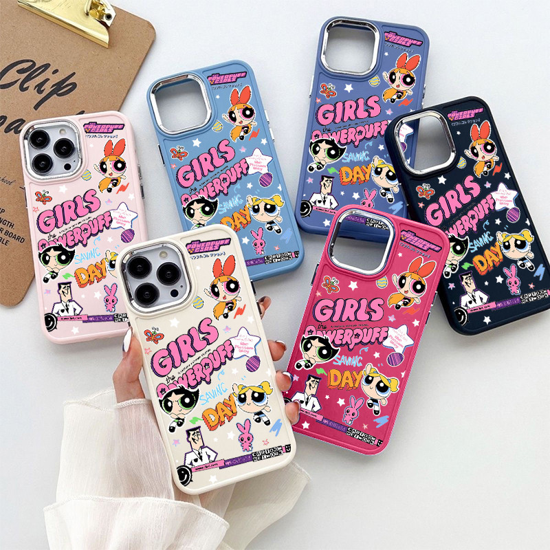 น่ารัก Powerpuff Girls Soft เคสโทรศัพท์สําหรับ IPhone 11 12 15 14 13 Pro XS Max X XR 8 Plus 7 + ปลอก TPU ปุ่มอิสระฝาครอบกันกระแทก Protector กล้องป้องกัน