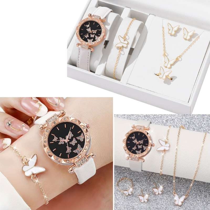 Noe 6 ชิ้นชุด Elegant Watch แหวนผู้หญิงสร้อยคอต่างหูสร้อยข้อมือชุดกรณี