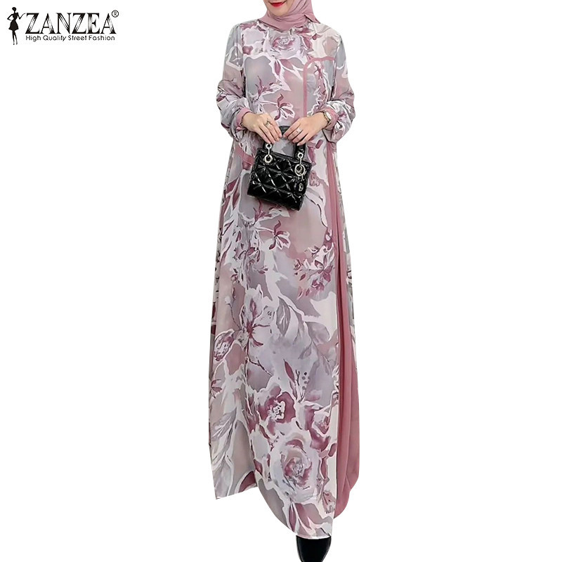 Zanzea ผู ้ หญิงมุสลิมลําลองคอกลมพิมพ ์ ลายดอกไม ้ แขนยาวปุ ่ มตกแต ่ งชุดหลวม
