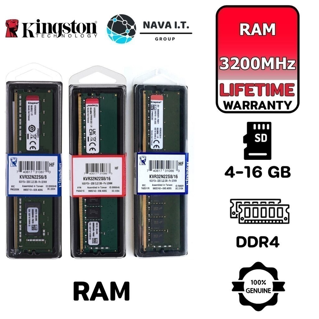 (มีส่งด่วน)  KINGSTON VALUE RAM KVR32N22S6/4 /KVR32N22S8/8 /KVR32N22S8/16 C3200MHZ RAM LI