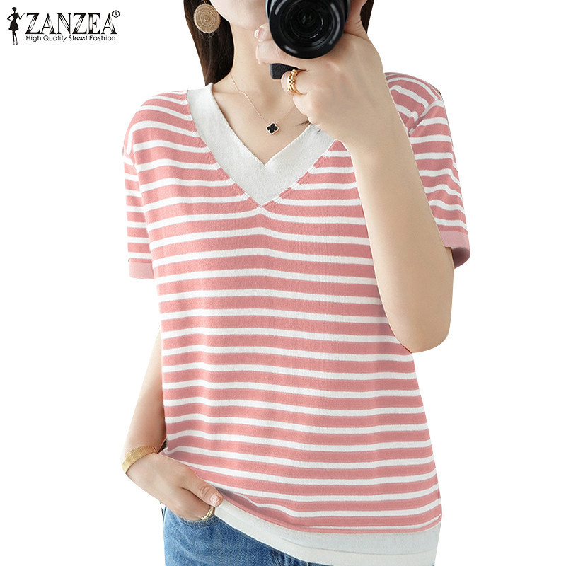 Zanzea เสื้อเบลาส์แขนสั้นคอวีแฟชั่นเกาหลีสําหรับผู้หญิง