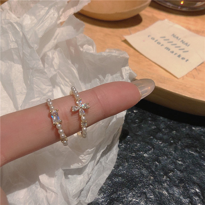 Pearl Zircon Ring for Girls, New Unique and Versatile Design. Folding and Wearing Index Finger Ring with Adjustable Opening