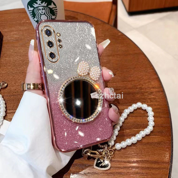เคสโทรศัพท์ samsung note 10 note 10 plus note 10 pro หรูหราแวววาวชุบโทรศัพท์กรณี กรณีโทรศัพท์ใสเปลือกหอยมุกโบว์กระจกแต่งหน้าพร้อมสร้อยข้อมือ เคส samsung note 10 note 10 plus note 10 pro