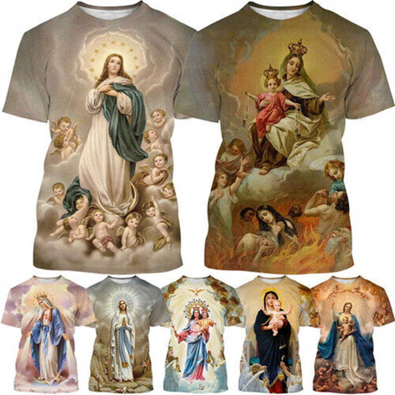 Virgin Mary T เสื้อเทพธิดา Mercy 3D พิมพ์เสื้อยืดคริสเตียน Blessed Jesus God T เสื้อผู้หญิงเสื้อผ้า Unisex สั้น Tops
