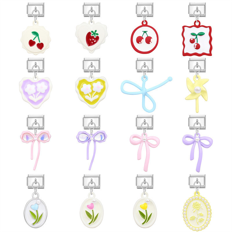 เชอร์รี่โบว์หัวใจดอกไม้ Charm Fit อิตาเลี่ยน Charm Links 9 มม.สร้อยข้อมือสแตนเลสทําเครื่องประดับ Diy เครื่องประดับแฟชั่นอุปกรณ์เสริม Retro บุคลิกภาพโมดูลสร้อยข้อมือ