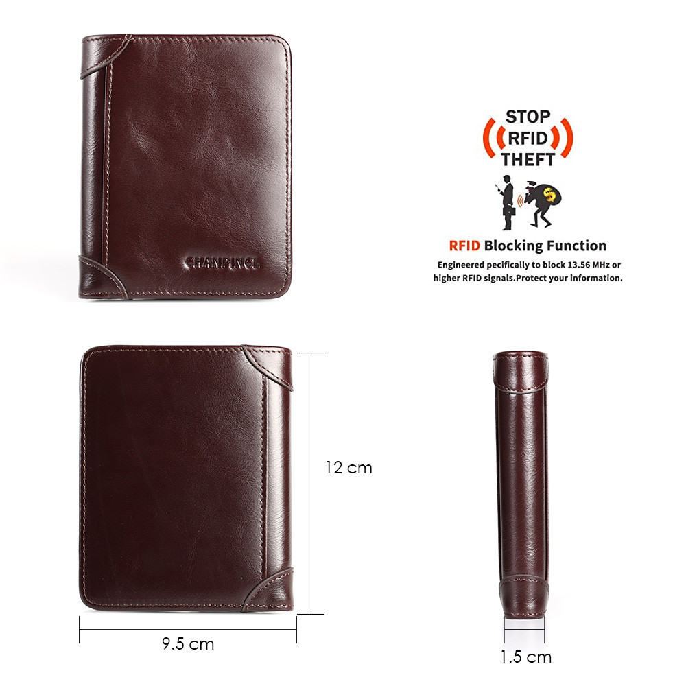 หนังวัวแท้ CHANPINCL แบรนด์ขายร้อนกระเป๋าสตางค์ผู้ชายหรูหราสั้น Trifold First Layer Cowhide ผู้ถือบัตรคลาสสิก RFID Blocking กระเป๋าชายธุรกิจแนวตั้งแฟชั่น