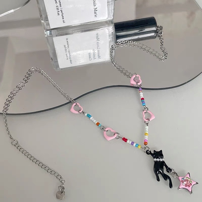 Black Cat Pink Star Dopamine สร้อยคอลูกปัดสร้อยข้อมือน้องสาว Y2k Spice Girl น่ารักอุปกรณ์เสริมอเนกประสงค์ออกแบบโซ่ปกหวาน - รูปที่ 6