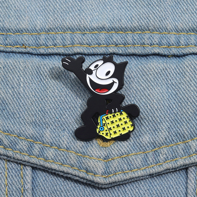 Felix Cat และ Magic Pocket เข็มกลัดการ์ตูนการ์ตูน Retro ป้ายโลหะเสื้อผ้ากระเป๋าเป้สะพายหลังอุปกรณ์เสริมเครื่องประดับของขวัญ