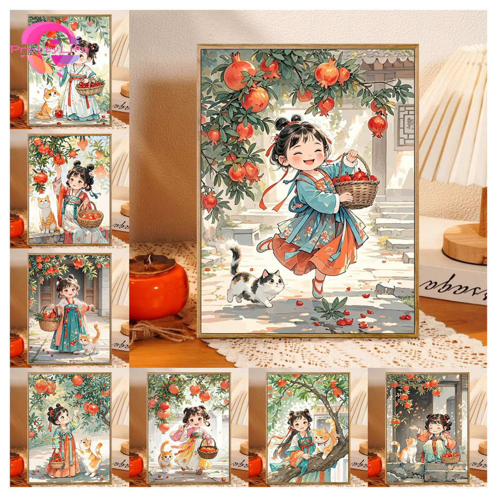 PLPomegranate Girl 5D DIY ภาพวาดเพชรคริสตัลปักครอสติสเพชรโมเสคชุดเย็บปักถักร้อย Rhinestone ตกแต่งบ้าน 30x40 ซม.