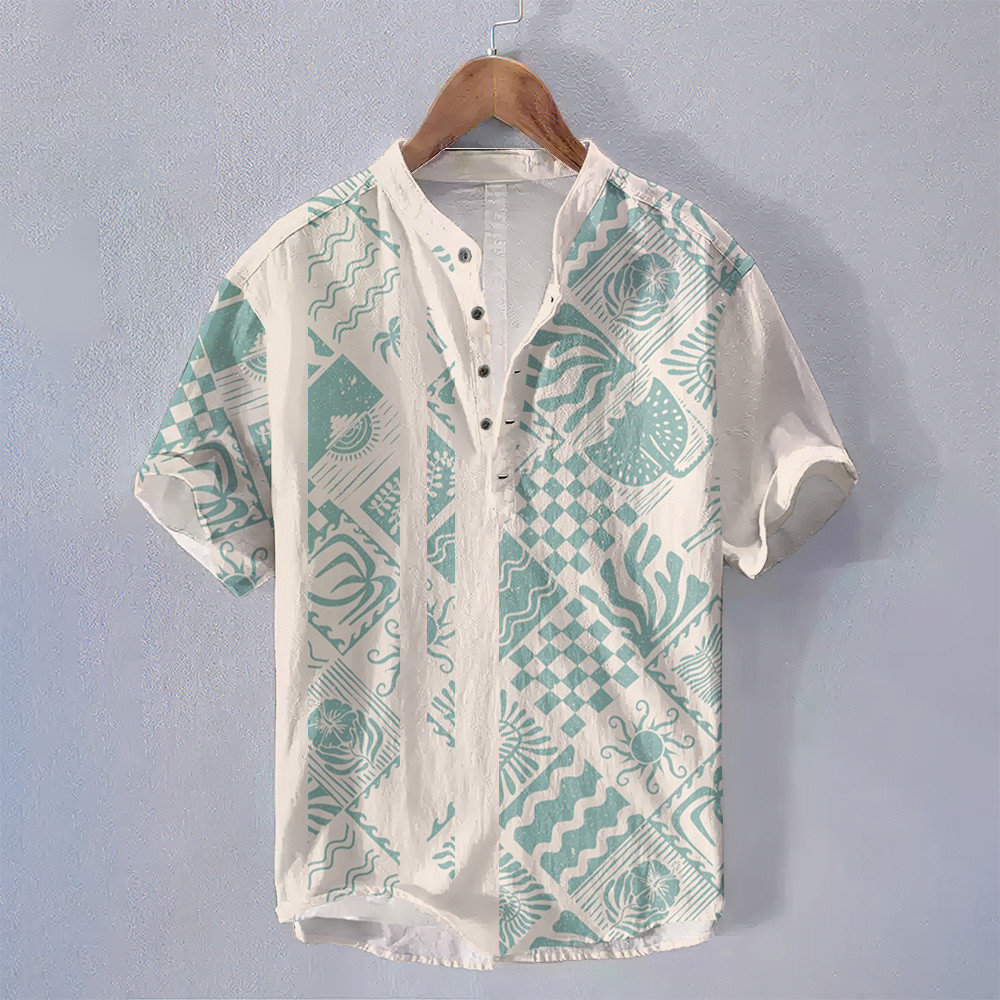 ฤดูร้อนสไตล์ชาติพันธุ์ชนเผ่าชายยืนขึ้นปกเสื้อแขนสั้นดอกไม้รูปแบบเรขาคณิตพิมพ์เสื้อผ้าย้อนยุคหลวมระบายอากาศขนาดใหญ่โบฮีเมียนเสื้อโปโลส