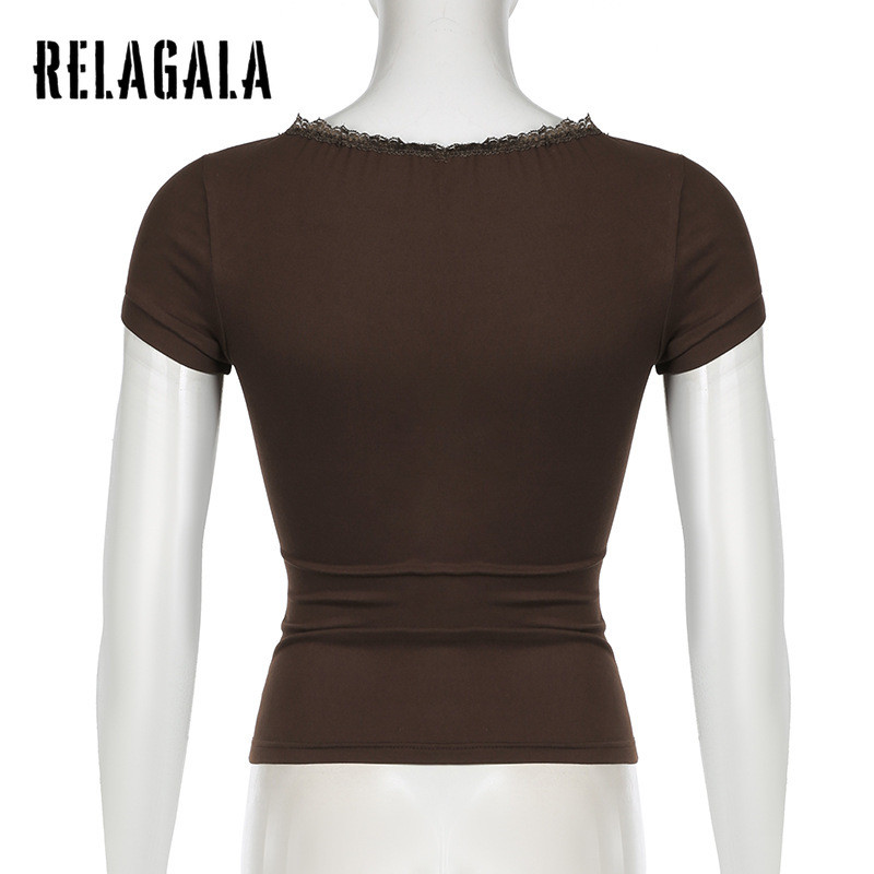 RELAGALA Women 2025 เสื้อยืดแขนสั้นคอวีลูกไม้วินเทจ — صورة 8