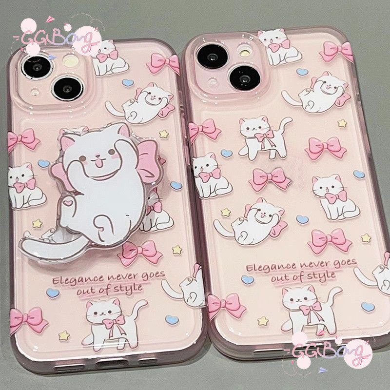 สร้อยข้อมือรูปแมวสีขาวผูกโบว์รูปหัวใจ ปกอ่อน เคสไอโฟน 15 16 14 11 13 12 Pro Max 16 XR 14 15 7 8 6s Plus XS Max X SE