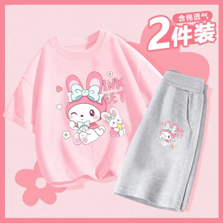 ชุดเด็กผู้หญิง My Melody แขนสั้นสองชิ้นที่มีสไตล์ ชุดใหม่ฤดูร้อนน่ารัก