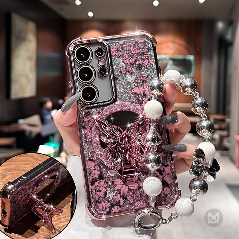 SAMSUNG สําหรับSamsung Galaxy A57 A37 A17 A56 A36 A26 A16 A06 A55 A35 A25 A15 A05 A05S Glitterผีเสื้อกระจกยึดซิลิโคนนุ่มโทรศัพท์กรณีพร้อมโซ่