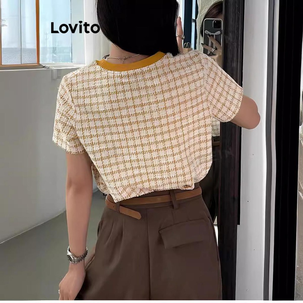 Lovito เสื้อเบลาส์ลาย ลายกิงแฮมลำลองสำหรับผู้หญิง LMD81300