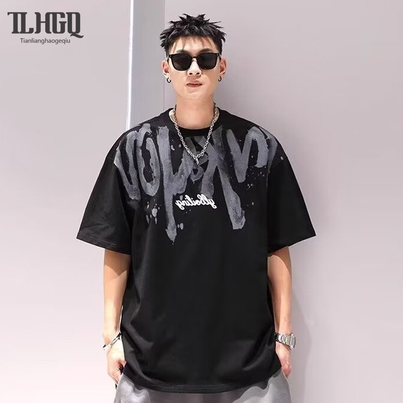 TLHGQ ซีจีเอฟ แฟชั่นแบรนด์แขนสั้นเสื้อยืดผู้ชายสบายๆฤดูร้อนสไตล์เกาหลีใหม่หลวมเสื้อยืด