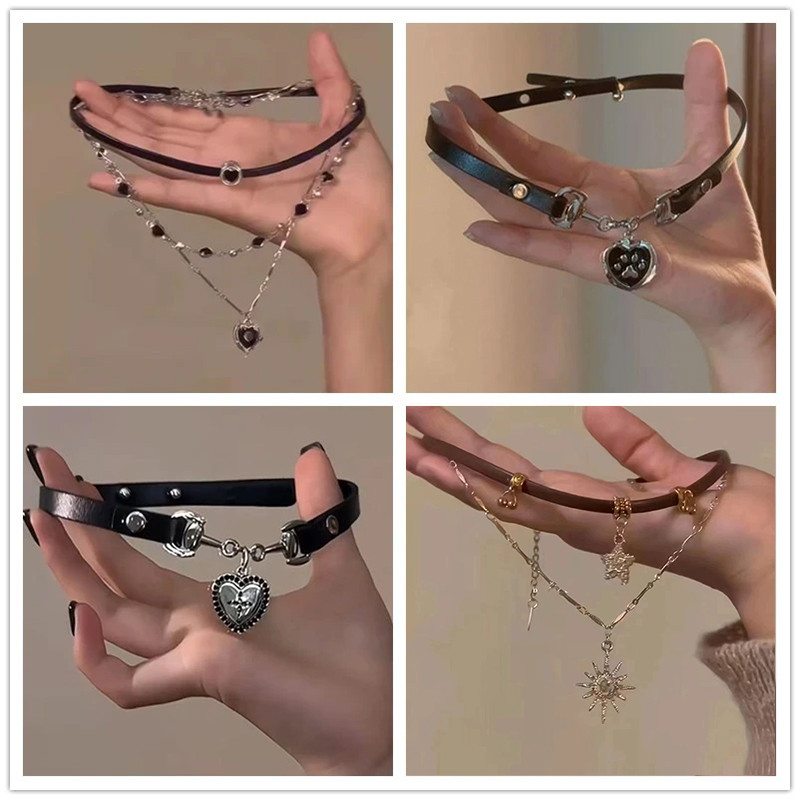 Y2k Goth Harajuku Vintage Star Heart จี้ Choker สร้อยคอผู้หญิงหนังเครื่องประดับอุปกรณ์เสริม