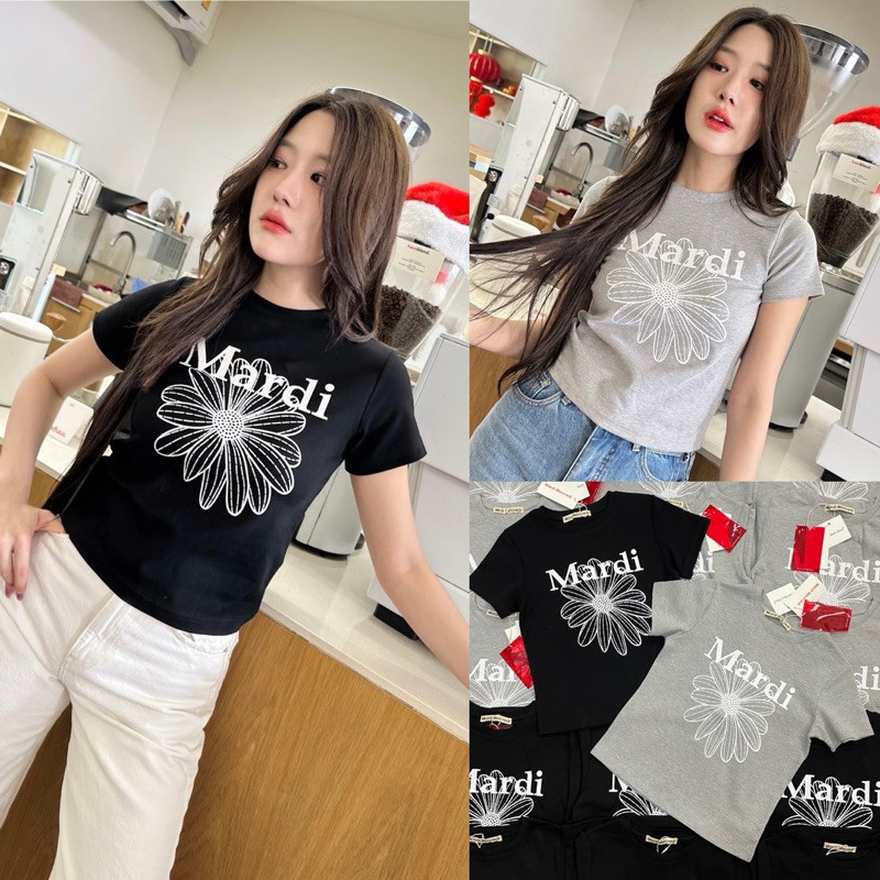 (ของพร้อมส่ง ส่งใน 24 ชั่วโมง)BOOM เสื้อยืดคอกลมแขนสั้นทรงครอแแบรนด์ดัง ลายดอกไม้แบรนด์สุดฮิต งานชนช็อปแบรนด์ดังเกาหลี
