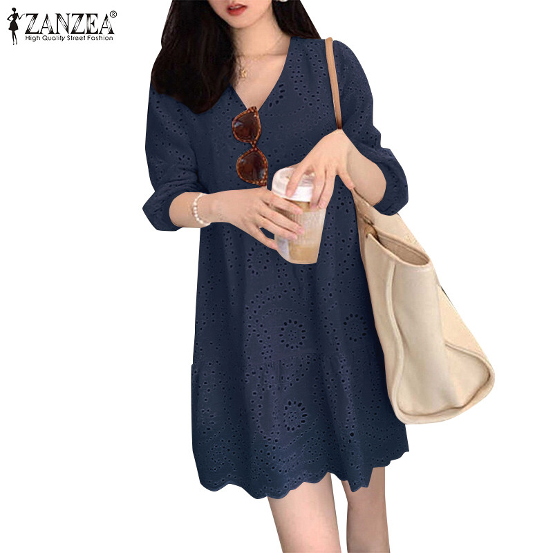 ZANZEA ใส่ ซานเซีย ผู้หญิงวันหยุดสบายๆคอวี3/4แขนฤดูร้อนลูกไม้โครเชต์ชุด