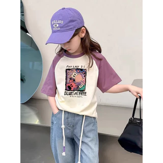 (จัดส่งตลอด 24 ชั่วโมง) KIDS PRINCESS เด็กผ้าฝ้ายสีชนกันแขนสั้นฤดูร้อนใหม่เสื้อยืดเด็กครึ่งแขนด้านบน D16