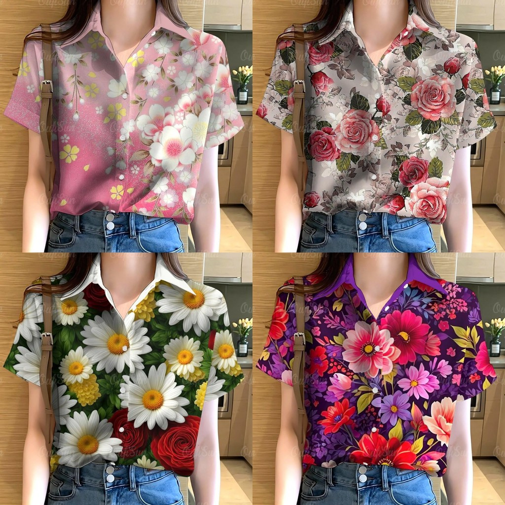 เสื้อสงกรานต์ 2025 เสื้อลายดอกสีสันสดใส ฮาวาย เสื้อเชิ้ตผู้หญิง