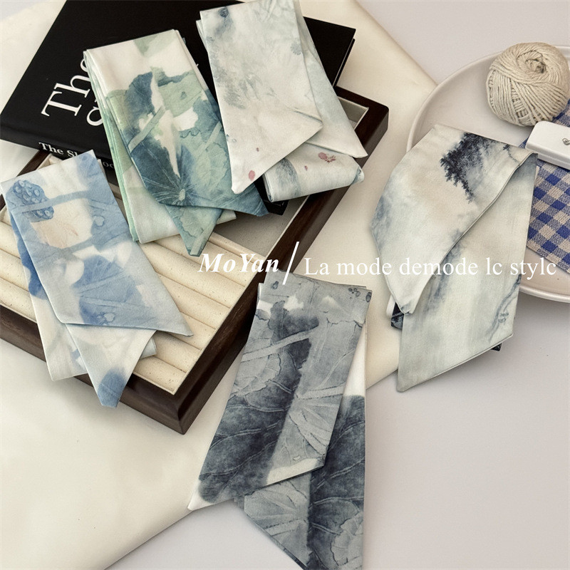 ผ้าพันคอไหมสไตล์จีนใหม่ ผ้าคาดผมใบบัวหมึกสำหรับผู้หญิง ผ้าผูกผมย้อนยุค ริบบิ้นยาว เวอร์ชันเกาหลี ผ้าพันคอคออเนกประสงค์