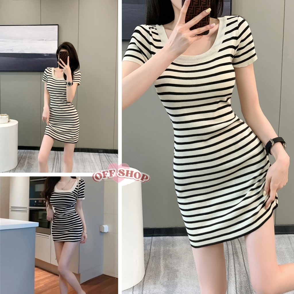 OFF SHOP 🥻 ชุดคลุมท้อง ชุดเดรสไหมพรมแขนสั้น ดีเทลายทางคอกลมน่ารัก (88617)-C