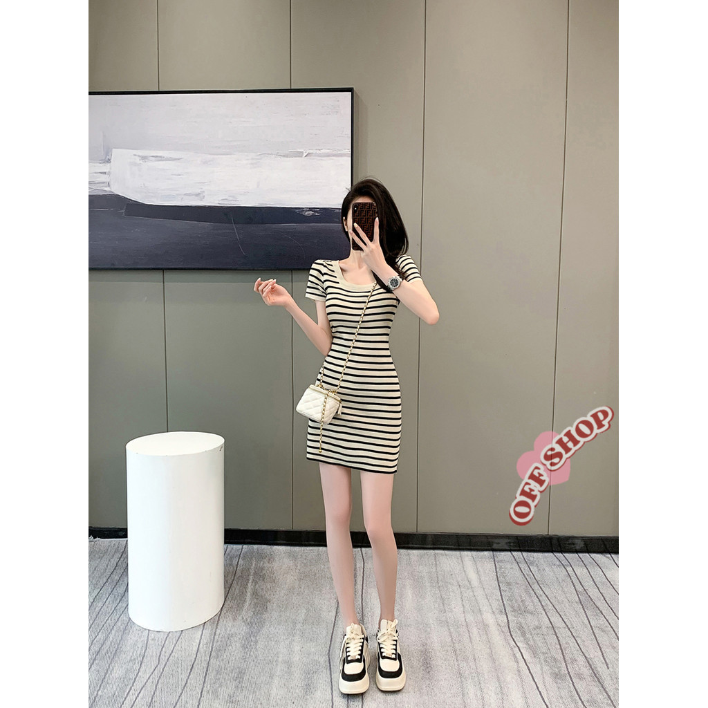 OFF SHOP 🥻 ชุดคลุมท้อง ชุดเดรสไหมพรมแขนสั้น ดีเทลายทางคอกลมน่ารัก (88617)-C - รูปที่ 2