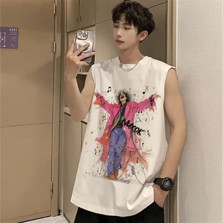 เสื้อแขนกุดผู้ชาย สกรีนลายเท่ๆ สีขาว สีดำ OP