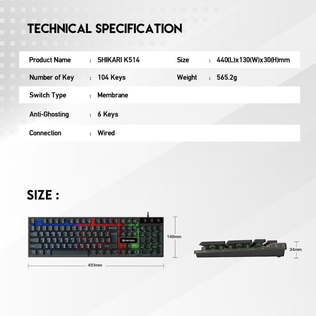 FANTECH รุ่น K514 คีย์บอร์ดเกมมิ่ง Semi Mechanical ไฟ RGB Gaming Keyboard