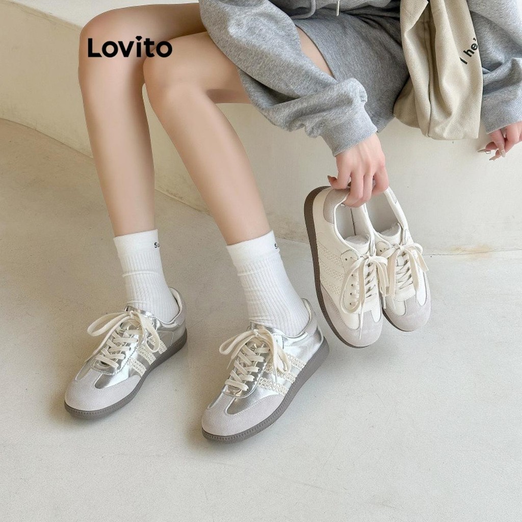 Lovito รองเท้าผ้าใบเย็บลูกไม้ธรรมดาสำหรับผู้หญิง LFA43680