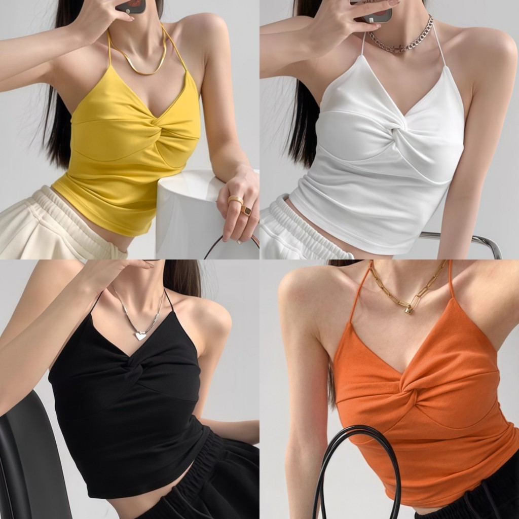 Chic พร้อมส่ง เสื้อสายเดี่ยว คล้องคอ แต่งไขว้ สไตล์เวียดนาม (มีฟองน้ำในตัว) ผ้าเรยอน นุ่มนิ่ม สีสดสวยไม่ซีด แซ่บมาก
