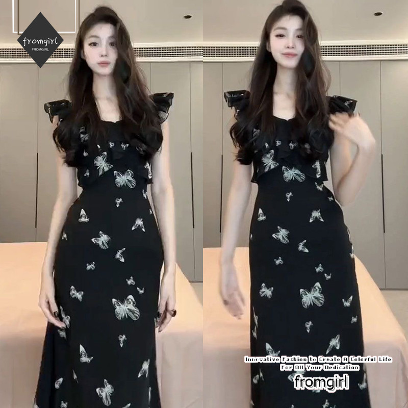 เดรสลายดอกไม้ฝรั่งเศส 2025 ฤดูร้อนใหม่เวอร์ชั่นเกาหลีชุดเดรสยาวสีดํา