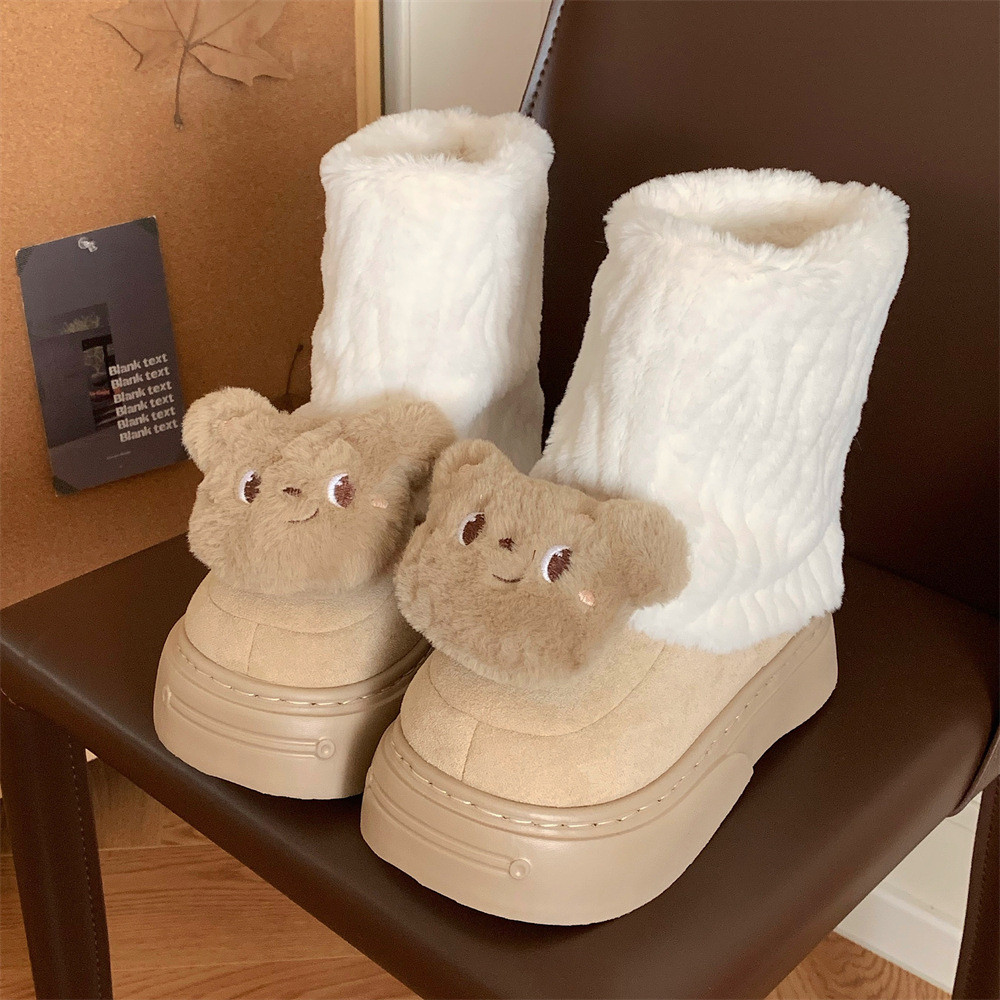 Xitiao Retro การจับคู่สี Plush Bear Snow Boots ผู้หญิงขนแกะซับหนาอุ่น