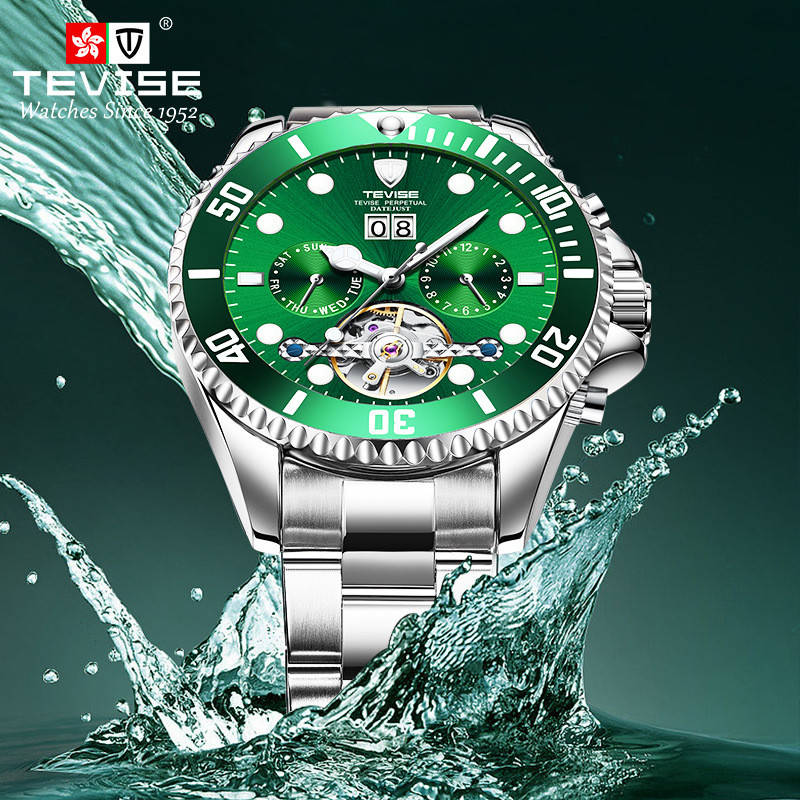 Tevise T823F Swiss Green Water Ghost Calendar Mechanical High-End Simple กันน้ํานาฬิกาผู้ชายพร้อมสต็อก