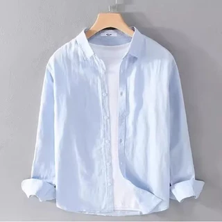 M-3XL เสื้อเชิ้ตผู้ชาย ผ้าฝ้าย และผ้าลินิน สีขาว แฟชั่นฤดูร้อน เสื้อผู้ชาย