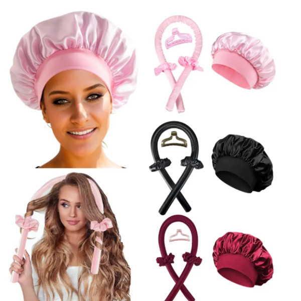 Heatless Curling Rod แถบคาดศีรษะซาติน Bonnet ชุดไม่มีความร้อนผม Curler ลูกกลิ้งผม Soft Curlers Lazy Curls หมวก Sleeping หมวก Night หมวก