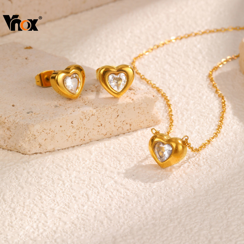 Vnox Heart-Shaped Zircon Cubic Stud ต่างหูชุดสร้อยคอผู้หญิง,ทองสแตนเลส Hypoallergenic ชุดเครื่องประดับ,แฟชั่นของขวัญ ราคาถูก Shopee Lazada