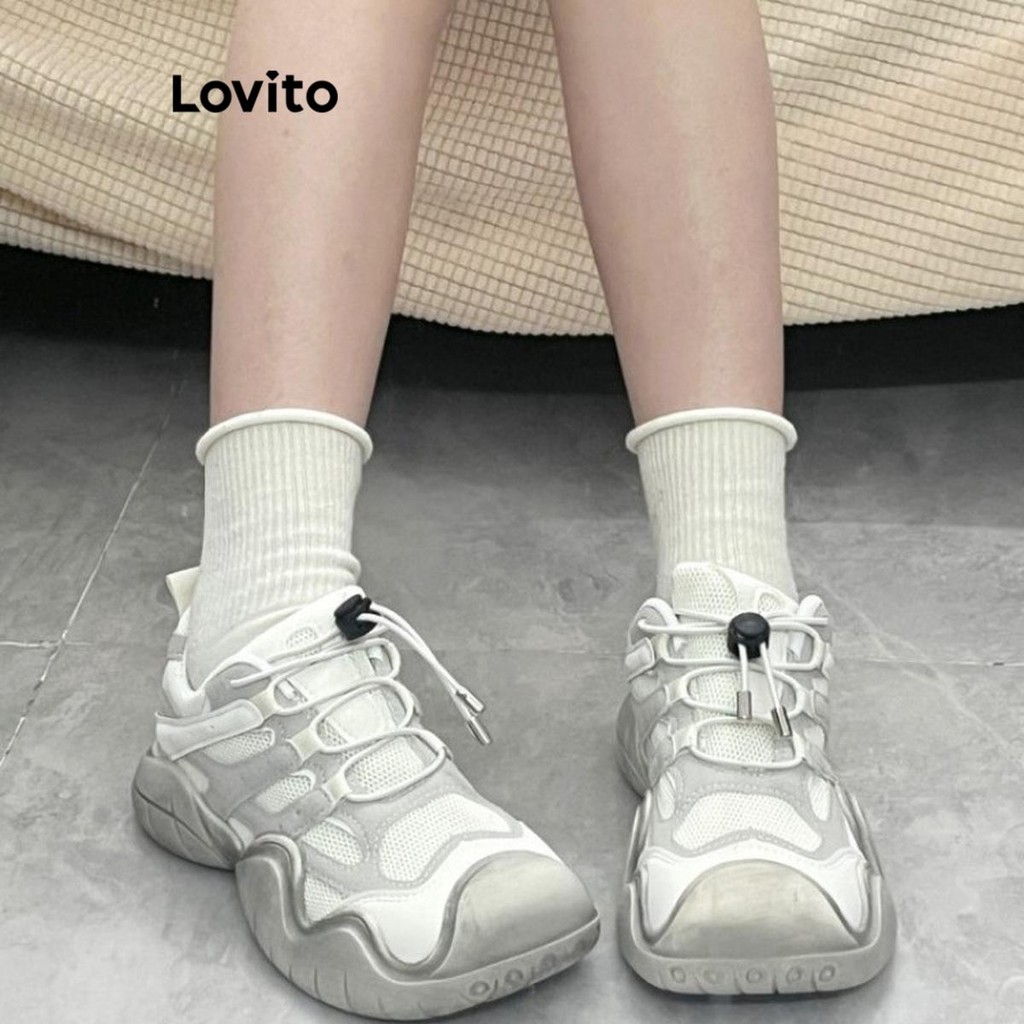 Lovito สปอร์ตตี้สีพื้นสีของสีMatching ตาข่ายBreathable รองเท้าผ้าใบทรงคุณพ่อสุดน่ารักสำหรับผู้หญิง  LFA59244