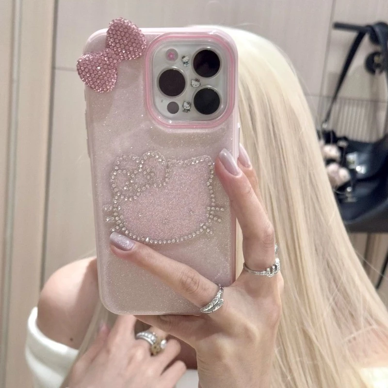 ใช้งานร่วมกับสําหรับ for iPhone 17 12 13 14 15 16 Plus Pro Max 16E Xs Max Xs X 7 8 Plus 3D หรูหราเพชรโบว์ Kitty Cat นุ่มฝาครอบโทรศัพท์ป้องกัน
