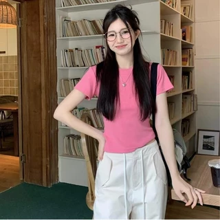 พร้อมส่ง เสื้อยืดสวยๆผู้หญิง เสื้อยืดเข้ารูปทรงผู้หญิง เสื้อยืดแขนสั้นสีขาวสไตล์เรโทรอเมริกันทรงเข้ารูปClothing Lady