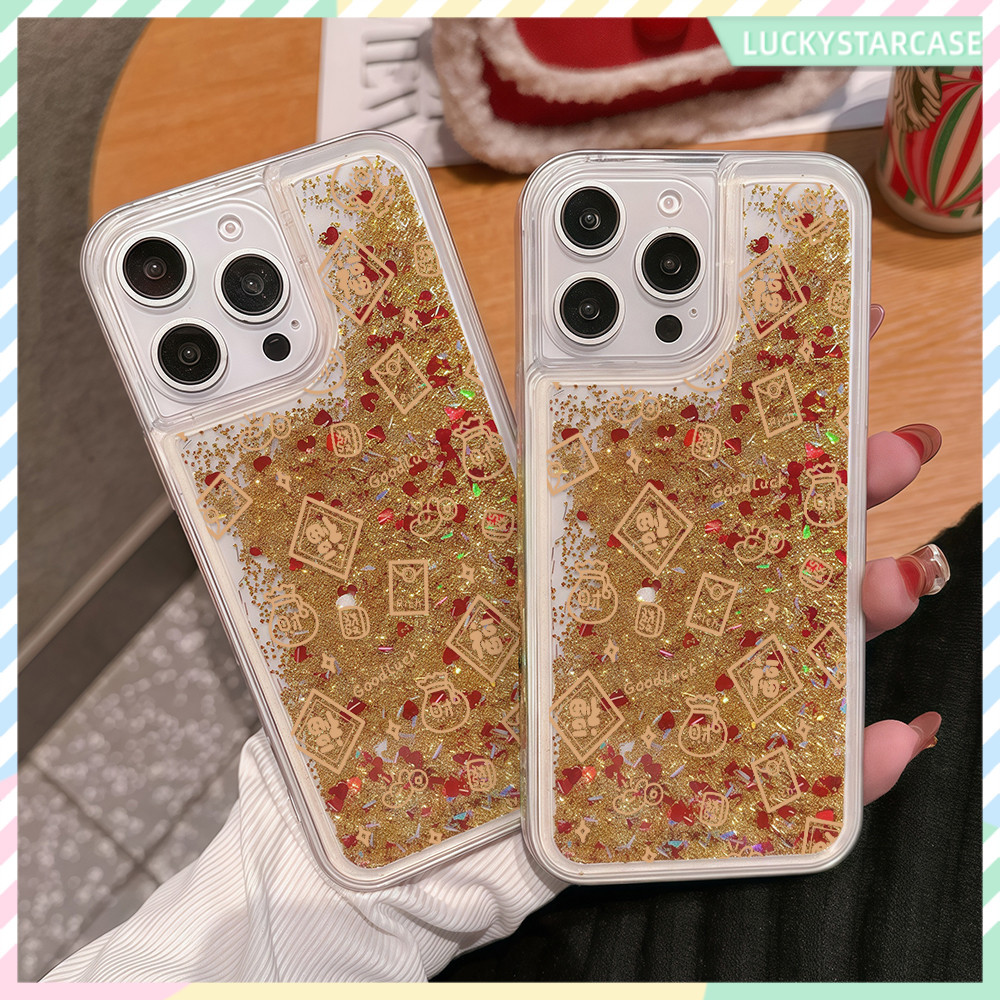 เคสไอโฟน13 หรูหราและมงคลของขวัญทรายดูดฟอยล์สีทองเคสโทรศัพท์มือถือสําหรับ ไอโฟน16 15 14 13 12 11Pro Max X XS XR 7 8P เคส