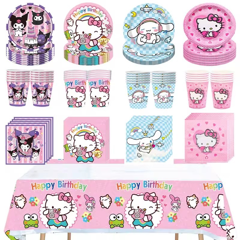 Kuromi KT Melody ตกแต่งงานเลี้ยงวันเกิดบนโต๊ะอาหารแบบใช้แล้วทิ้งถ้วยจานผ้าเช็ดปากสําหรับงานปาร์ตี้สําหรับเด็ก