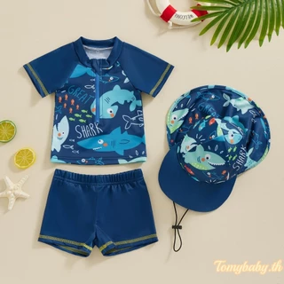 ชุดว่ายน้ำเด็กชายแขนสั้นลายฉลามและโลมา เสื้อ + กางเกงขาสั้น + หมวก