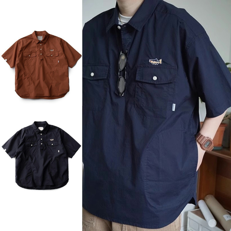 Paul FITZGERALD เสื้อเชิ้ตผู้ชายแขนสั้นญี่ปุ่นฮาราจูกุแบรนด์อินเทรนด์ปักลายชุดทํางานเสื้อเชิ้ต