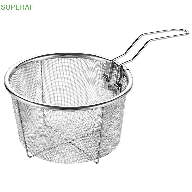 Superaf ชิปฝรั่งเศสทอดตะกร้ากรองสแตนเลสตะกร้าทอดลึกครัวรอบทอดลวดตาข่ายพร้อมที่จับลวดกระชอนตาข่ายร้อน