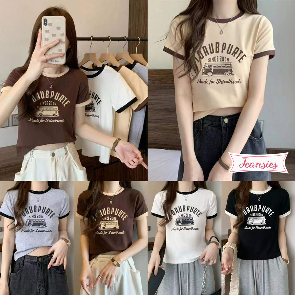 เสื้อยืดแขนสั้น ทรงพอดีตัว ลายตัวอักษร เก๋ สไตล์เกาหลี ดูน่ารัก