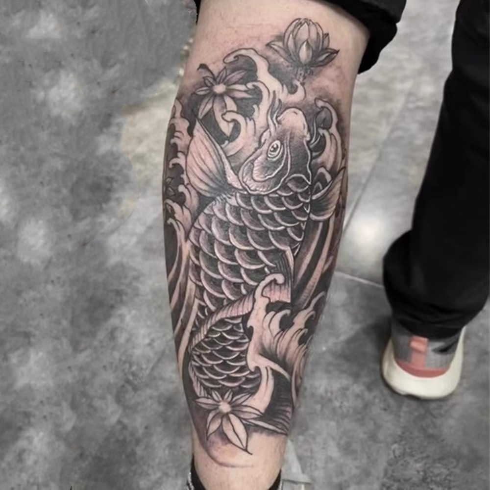 Good Luck Wave Koi Carp Tattoo สติกเกอร์กันน้ําและติดทนนานสักแขนชั่วคราวสําหรับงานปาร์ตี้