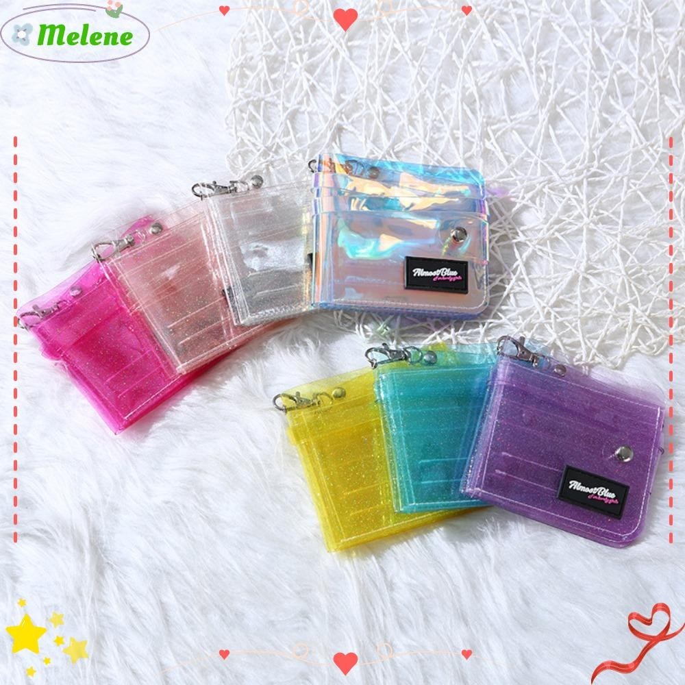 Melene กระเป๋าสตางค์ พับได้ พร้อมสายคล้องคอ ช่องใส่บัตรเครดิต ขนาดเล็ก กันน้ํา PVC ใส ที่ใส่บัตรภาพ ผู้หญิง ผู้ชาย